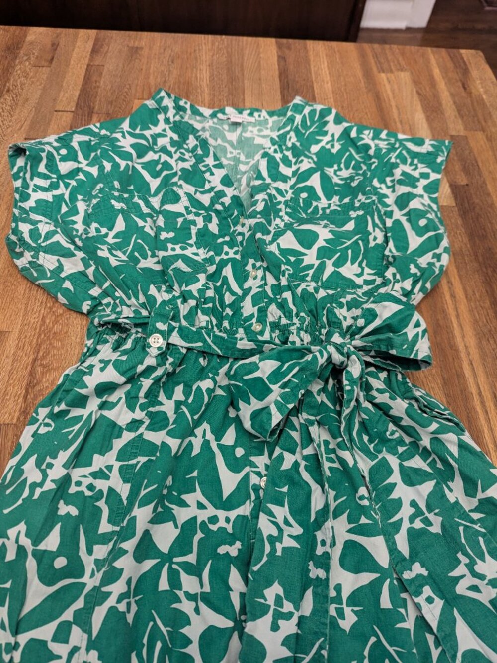 Chic Green and White Tropical Print POCKETS Safari Look Dress Free Assembly XL - Picture 2 of 10